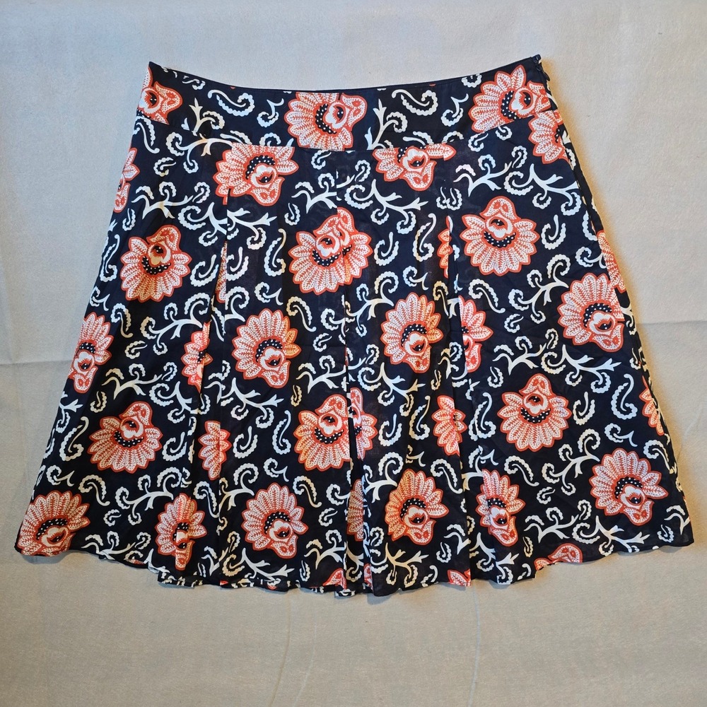 Talbots Womens Navy Blue Orange Floral Paisley Cotton A-Line Pleated Skirt 12